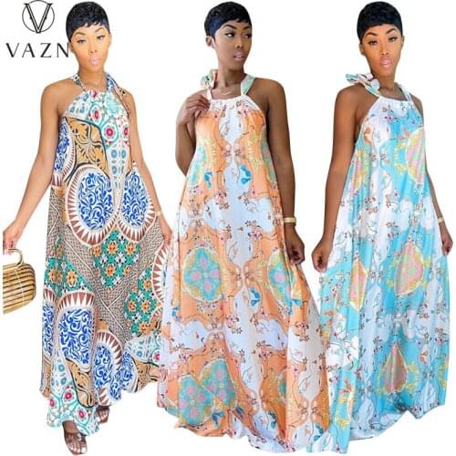 VAZN Top Quality 2021 Sexy Halter Floral Print Sleeveless Boho Beach Women Elegant Fashion Slim Dress Club Birthday Shinny Dress