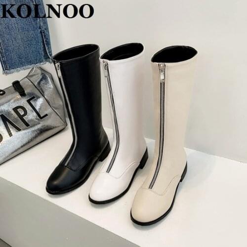KOLNOO Womens New Blocked Heel Boots Handmade Front-Zipper Evening Party Prom Half Mid-Calf Boots 3-Color Fashion Winter Shoes