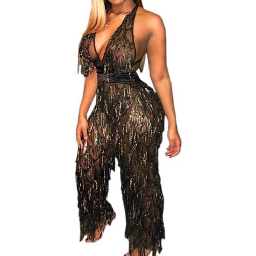 Women Sequin Sheer Mesh Sexy Jumpsuit Tassel V-neck Backless Romper Sexy Bodycon Club Outfit Party Luxurious Jumpsuit Overalls