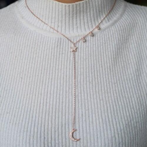 925 Sterling silver star moon with 3pc brazel cz long Pendants Drop Micro Pave Dainty Y boho necklace for women party engagement