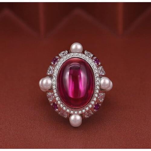 Vintage Egg 15ct Ruby Pearl Diamond Ring 100% Original 925 sterling silver Engagement Wedding band Rings for Women Fine Jewelry