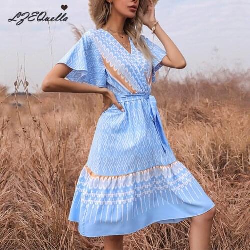 Boho Style Floral Print Short Sleeve Dress Women V Neck Ruffles Sashes Loose Ladies Dresses Beach Sundress Ropa Mujer NZ3445