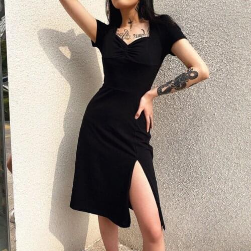 Sexy Slim Black Dress Women Sexy Dress Women Plaid Sleeve Slit Square Collar Dress Long Bodycon Modis Elegent Femme Dress Gothic