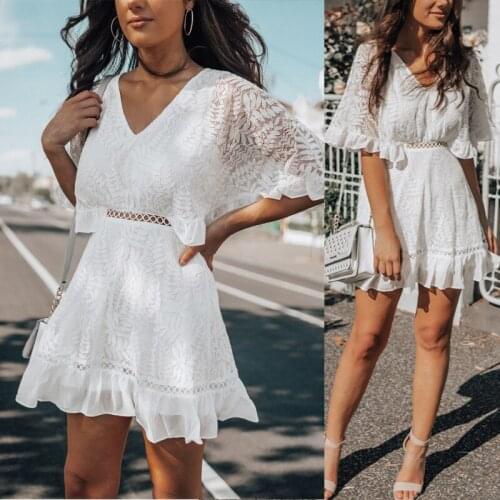 Womens Casual Lace Mid Sleeve Dress Fashion Solid Color V-Neck Hollow High Waist Short Dress Elegant Chic And Comfortable S-XL