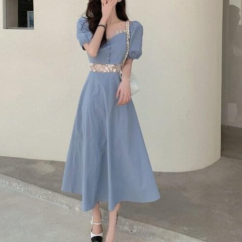 Bella 2021 French Style Vintage V-Neck Elegant Dress Women Short Sleeve Summer New Fashion Lace Patchwork High Waist Party Dress