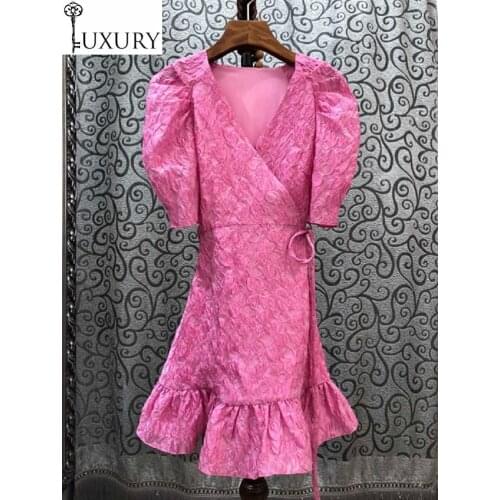 Club 2020 Summer Fashion Women V-Neck Vintage Jacquard Patterns String Belt Short Sleeve Ruffle Sexy Mermaid Dress