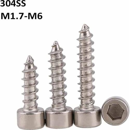 304 Stainless Steel Hex Hexagon Socket Cap Head Self Tapping Screws Allen Bolts Furniture Wood Screw M1.7~M6