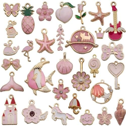 5Pcs Pink Charms Pendants Ocean Unicorn Guitar Flower DIY Jewelry Making Alloy Findings Accessory For Necklaces Earrings