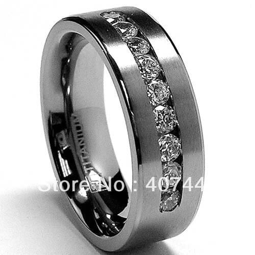 Free Shipping USA Hot Selling Unique 8 MM Mens Titanium ring Wedding Band Ring with 9 large Channel Set CZ sizes 7 to 13