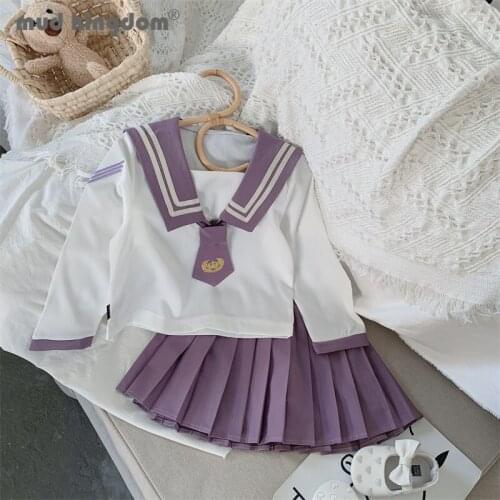 Mudkingdom Girl Preppy Set Long Sleeve Shirt Sailor Collar Tie Blouses Solid Pleated Skirt Uniforms Outfits Girls Clothes Sets