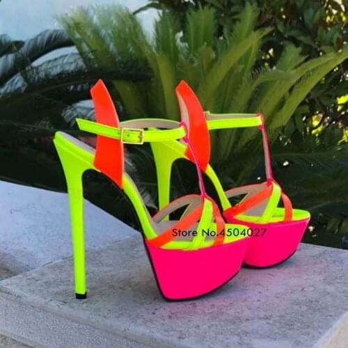 Red Pink Candy Color Heel High Platform Sandals Patchwork Strappy Wedding Shoes T-strap Nightclub Pumps
