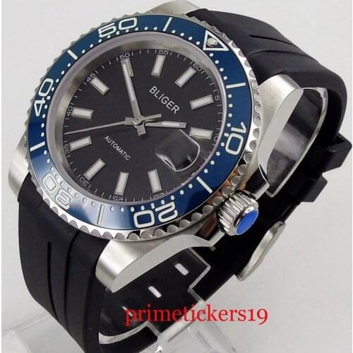 Automatic movement mens watch luxury 40mm sapphire glass black dial blue turning bezel rubber strap
