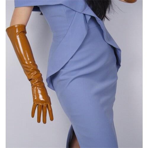 Patent Leather Long Gloves 50cm Long Section Emulation Leather Bright Glossy Mirror Bright Leather Bright Brown Caramel WPU85