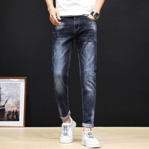 Mens Jeans Brand Dark Blue Stretch Slim Fit Casual Denim Pants Fashion Desinger Pockets Scratch High Quality Male Jeans Hombre