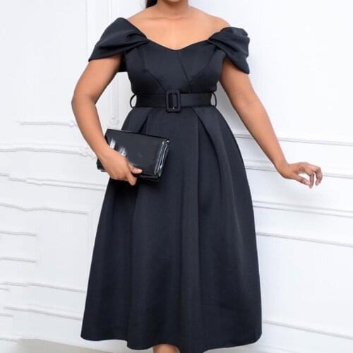Elegant Black High Waisted Women Dress Autumn2021 Sexy Short Sleeve Solid Slash Neck Casual Temperament Vintage Midi Party Dress