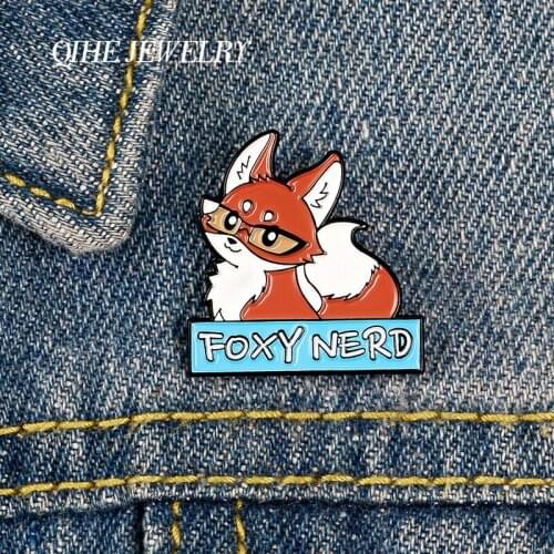 QIHE JEWELRY Miss sly fox enamel pins for girls Foxy animal nerd brooches fashion badges Cute gifts for student friends