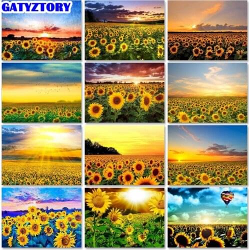 Gatyztory Oil Painting By Numbers Sunflower Landscape Handpainted Gift Drawing Acrylic Paint By Numbers Unique Home Decoration G