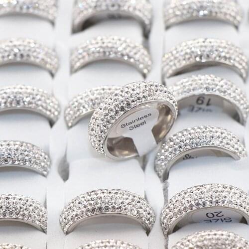 Wholesale 36pcs/lot Rhinestones Stainless Steel Rings Fashion Women Wedding Party Ring Polished Inside