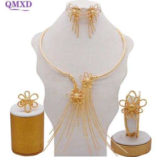 Trendy Yellow Flower Petal 24k Gold Big Jewelry Sets For Women Wedding Necklace Gold Color Nigerian Wedding African Jewelry Sets