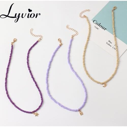 Lyvior 3 Pieces Set Boho Choke Beaded Choker Alloy Star and Moon Pendant Colorful Bead Necklace for Women Jewelry Gifts