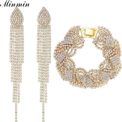 Minmin Gold Color Bridal Crystal Bracelet Earrings Jewelry Sets Wedding Accessories Tassel Jewelry Sets for Women EH360+SL076