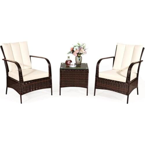 3 PCS Patio Rattan Furniture Set Coffee Table & 2 Rattan Chair with Cushions HW65850