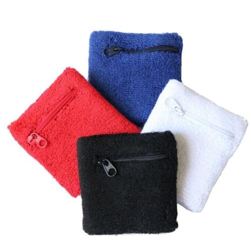 WholeSale 300pcs/lot Unisex Sports Wrist Sweatband Tennis Squash Gym Wristband with Zipper Pocket Cotton
