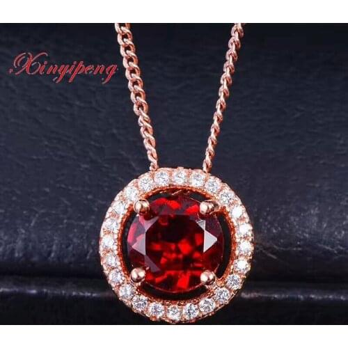 Xinyipeng 925 silver inlaid natural wine red garnet pendant necklace Female simple fashion festival gift