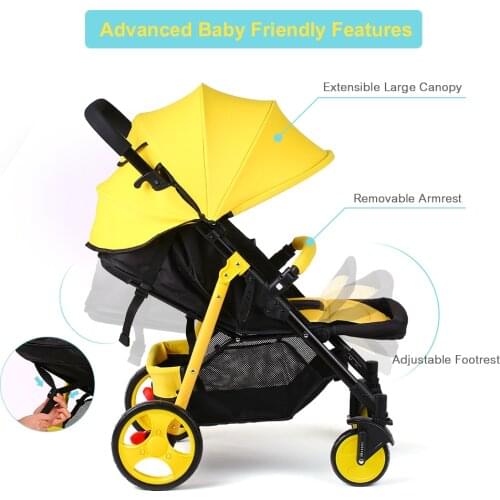 YouLiya Baby Stroller Detachable Armrest Adjustable Fold Reclining Seat Extended Canopy with Bottle Holder Tray Mosquito Net