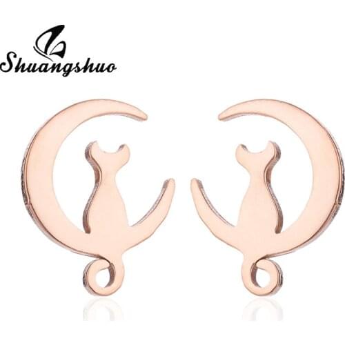 Shuangshuo Rose Gold Stud Earrings For Women Stainless Steel Moon Cat Small Ear Earrings bijoux femme fashion jewelry 2019