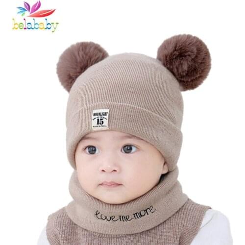 Newborn Winter Knitted Warm Cap+Scarf Suit For Baby Double Fur Pom Toddler Kids Beanie Children Spring Autumn Cute Bonnet