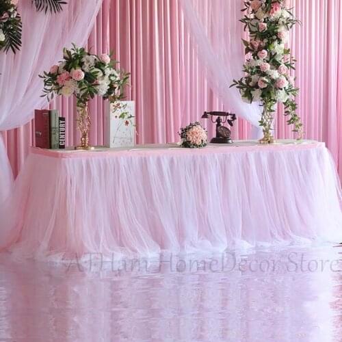 Tulle Table Skirt for Wedding Decoration Birthday Baby Shower Party Decor White Tableware Tablecloth Two Layer Ice Silk Fabric
