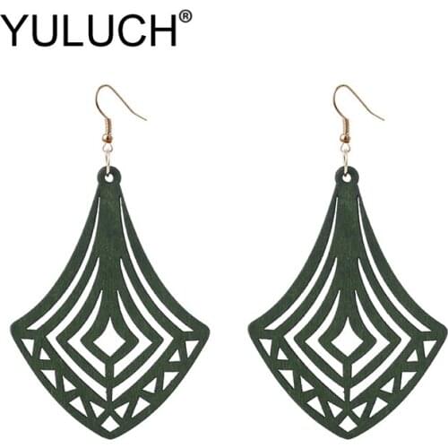 YULUCH Vintage Women Geometric Hollow Green Wood Dangle Earrings For Women Fashion Jewelry 2019 Trendy Lady Long Drop Earrings