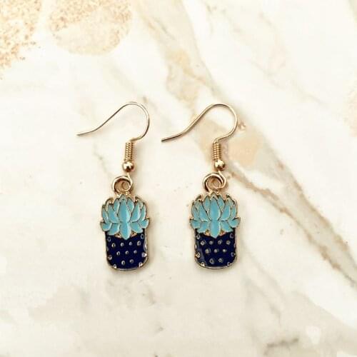 Green Cactus Plants Earrings Gold Zinc Alloy Delicate Flower Pot Charms Dangle Women Hoop Eardrop Fashion Jewelry Drop Shipping