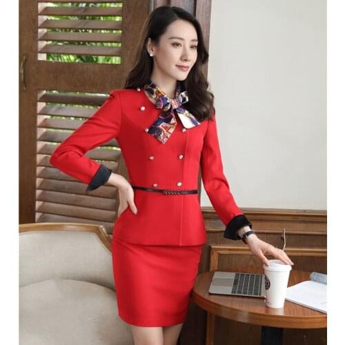 Ladies Red Blazer Women Business Suits Formal Office Suits Work Wear Uniforms Skirt and Jacket Sets (Belt and Scarf Included)