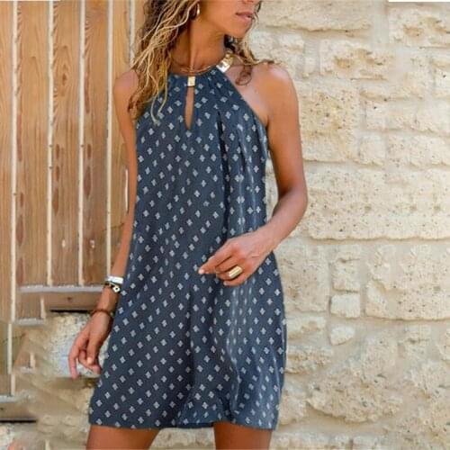 2021 Summer Metal Halter A-Line Women Dress Sexy Dot Print Sleeveless Pullover Neck-mounted Mini Dress