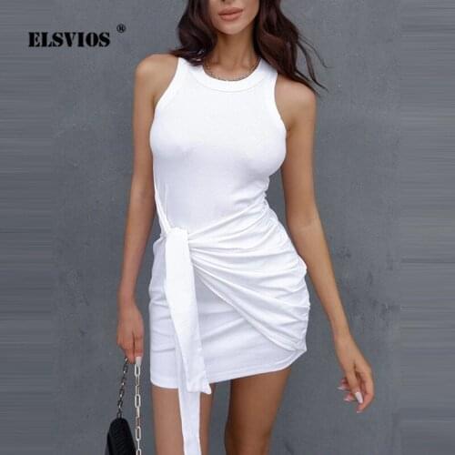 Solid Color Casual Women Sleeveless Tank Irregular Lace-up Mini Dress Fashion Summer O Neck Shirring High Waist Slim Knit Dress