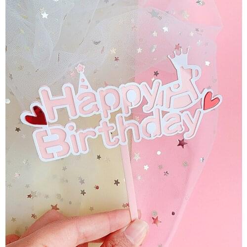 1PC Happy Birthday Cake Topper Birthday Flags For Kids Birthday Party Cake Decorations Baby Shower Pink Bow Heart Crown Acrylic