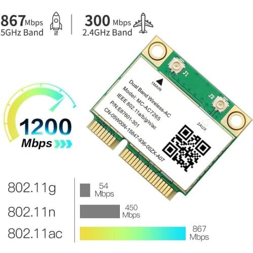 1200Mbps Wireless Mini PCI-E 7265AC WiFi Network Card 802.11ac BT4.2 PC Adapter Bluetooth 4.2 Wireless Network Card