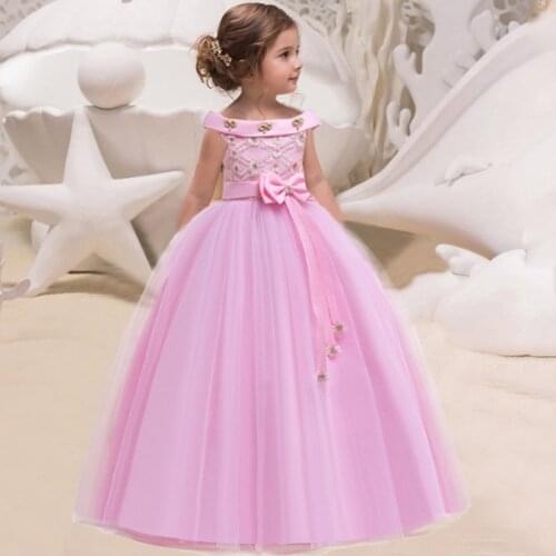 2021 Summer Pink White One Shoulder Long Bridesmaid Dress Girl Bow Gown Kids Clothes For Girls Children Princess Party Wedding