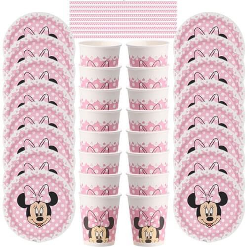 57pcs/Disney Pink Wave Minnie Mouse Theme Party Supplies Cups Plates Straw Kids Girls Baby Shower Birthday Party Decorations Set