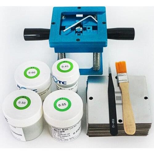 90MM Reballing Jig Blue With Handle 144pcs Template Holder Stencils Leaded Solder Ball 250K ESD Tweezers Brush for BGA Repair