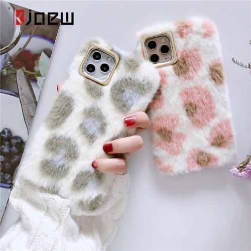 KJOEW Plush Furry Phone Case For iPhone 11 Pro Max X XR Xs Max 6 6s 7 8 Plus Soft PU Winter Warm Animals Fur Leopard Back Cover