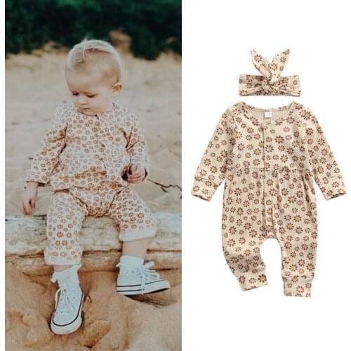 FOCUSNORM 2Pcs Newborn Baby Girls Boys Cute Rompers Flower Print Long Sleeve Single Breasted Jumpsuit + Bowknot Headband 0-24M