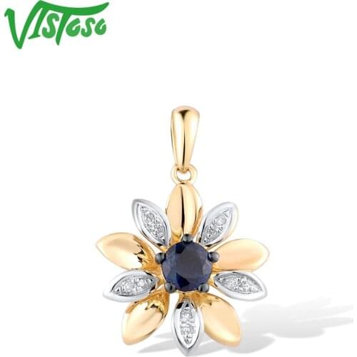 VISTOSO Genuine 14K Yellow Gold Pendant For Woman Shiny Diamond Blue Sapphire Dainty Flower Necklace Pendant Gifts Fine Jewelry