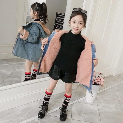 Girls Babys Coat Jacket Outwear Pink Jean Thicken Winter Plus Velvet Warm Cotton Fleece High Quality Childrens Clothing