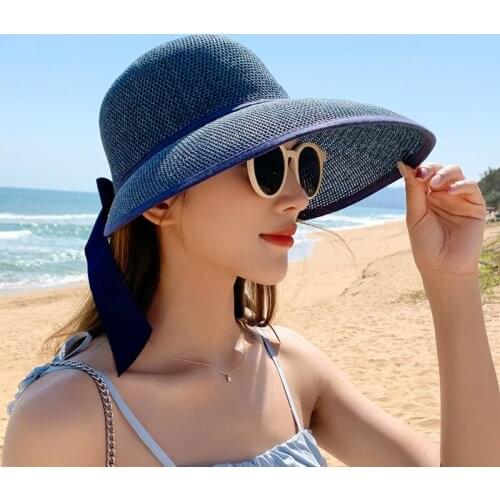 Summer New Women Solid Color Ribbon Bow Straw Visor Sun Hat Lady Casual Simple Empty Top Hat Wide Brim Outdoor Beach Anti-UV Cap
