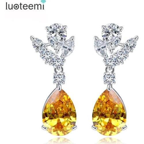 LUOTEEMI Flower Ear Stud Micro Paved Cubic Zircon with Single Big Tear Shape Yellow Gold Crystal Drop Earrings for Women Brinco