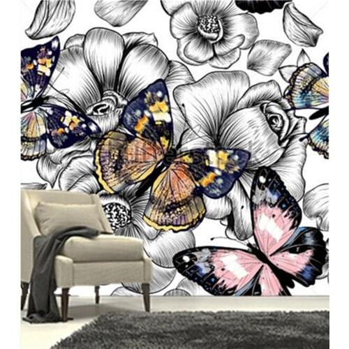 The latest 3D murals,3D hand drawn flowers and colorful butterflies, living room TV sofa bedroom background wall paper