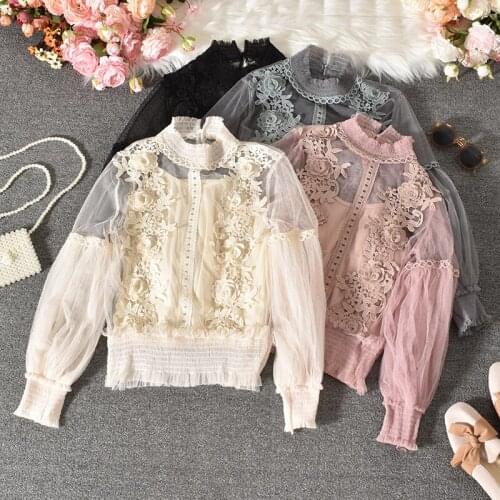 2021New Spring Women Tops Fashion Sexy Sheer Lace Lantern Sleeve Floral two-piece lace shirt with slingHalf high collar Top